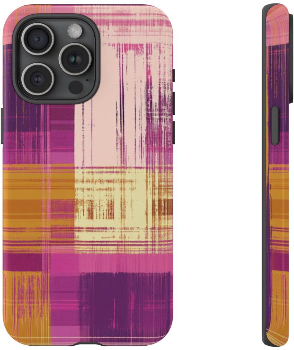 Abstract Paars-Gouden Ruitpatroon – Telefoonhoesje Geschikt voor iPhone 15 Pro Max