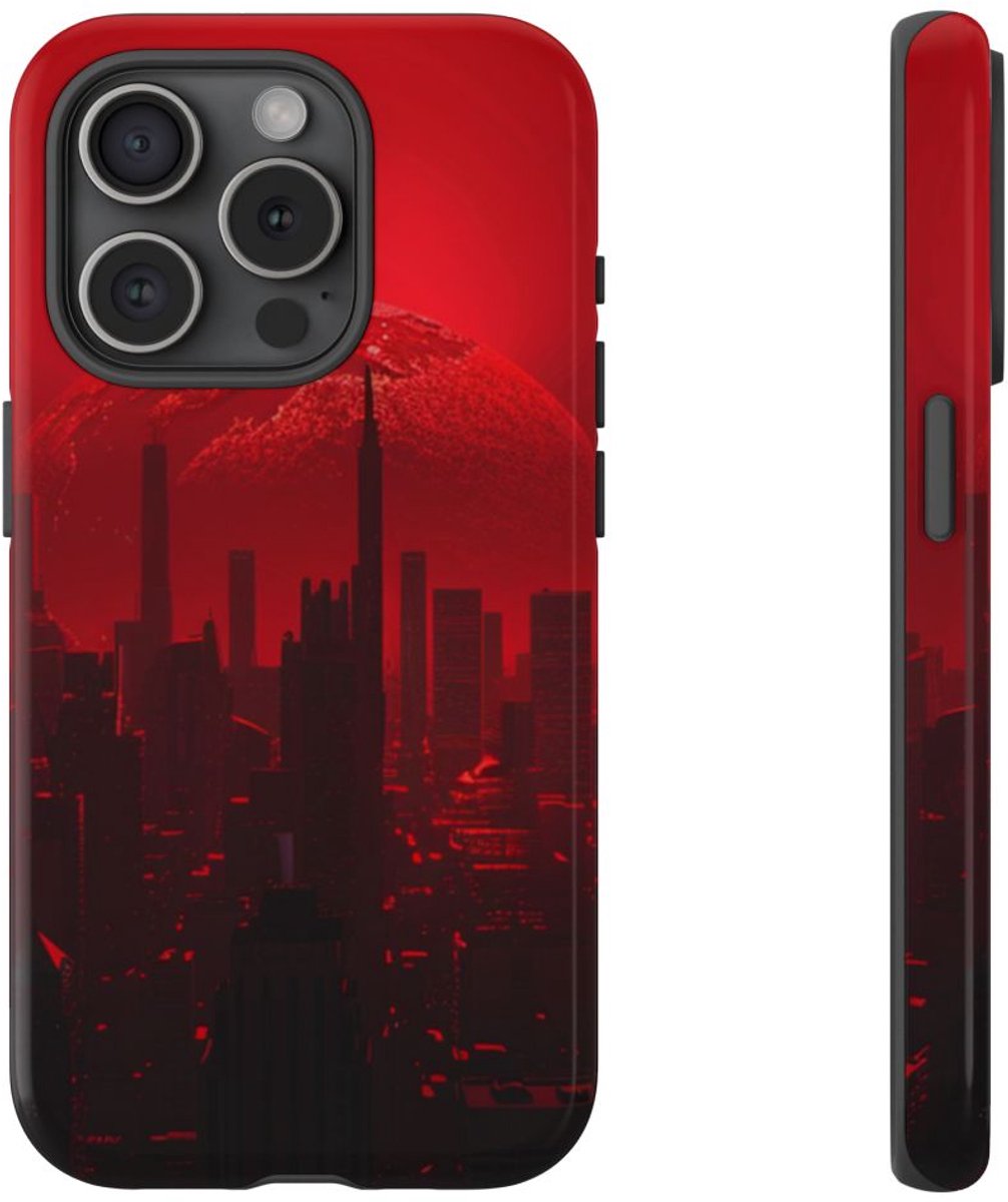 Futuristisch Stadsgezicht met Rode Planeet – Telefoonhoesje Geschikt voor iPhone 15 Pro
