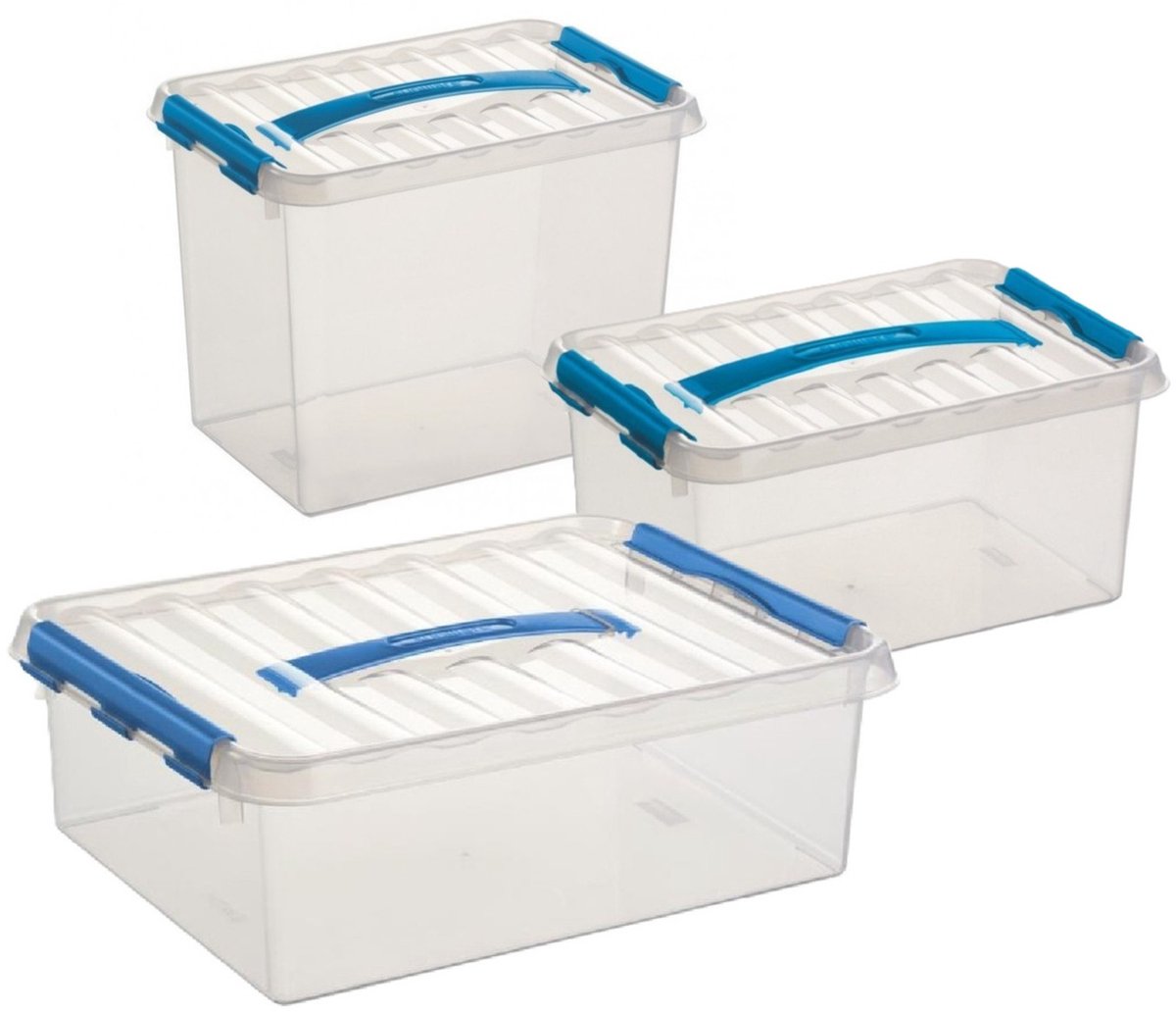 Sunware Q-Line opberg boxen set - 3 maten - 6-9-12 liter - kunststof - transparant/blauw