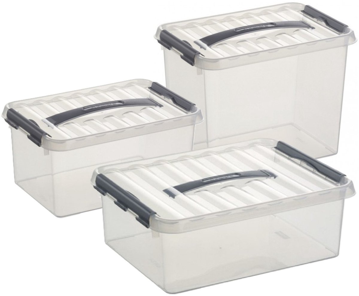 Sunware Q-Line opberg boxen set - 3 maten - 6-9-12 liter - kunststof - transparant/grijs