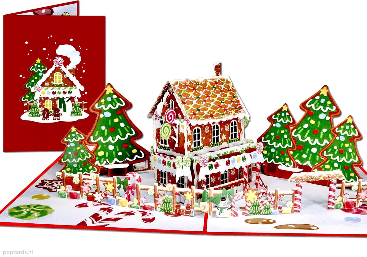 Popcards pop-up kaart – Schitterende Vrolijke Kerstkaart met Snoephuisje en Versierde Kerstbomen pop-up wenskaart 3D kaart