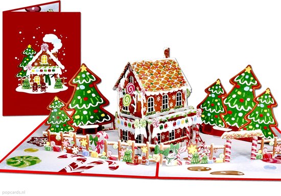 Popcards pop-up kaart – Schitterende Vrolijke Kerstkaart met Snoephuisje en Versierde Kerstbomen pop-up wenskaart 3D kaart
