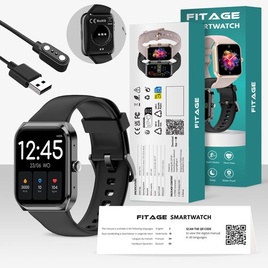 Zwarte smartwatch met oplader en doos. Toont wijzerplaat met tijd, Kcal, km, bpm. Handleiding inbegrepen.