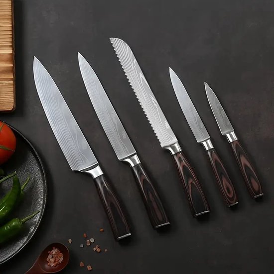 XINZUO 5 delige Damascus-messenset Keukenmes Japans Damascus-staal High-Carbon Professionele scherpe Damascus-stalen koksmessenset met Pakkawood-handvat - He serie XINZUO 5 delige Damascus-messenset Keukenmes Japans Damascus-staal High-Carbon Professionele scherpe Damascus-stalen koksmessenset met Pakkawood-handvat - He serie