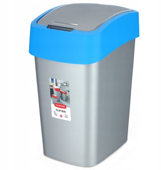 Cuver - Prullenbak / Afvalbak met deksel - Grijs met blauw frame - 25L, Flip Bin