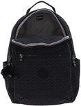 Open zwarte Kipling rugzak met patroon en Kipling logo.