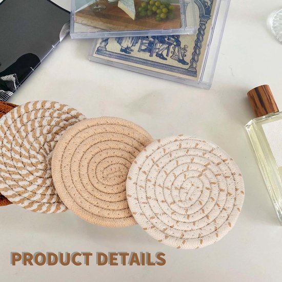 Set de 8 Sous-verres ronds avec support - Isolation thermique - Sous-verres antidérapants en coton tressé pour Verres - Sous-verres de verre avec support - Pour boissons, bar, tasses, dessous de verre de table - Ø 11 cm - Jaune