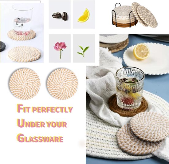 Set de 8 Sous-verres ronds avec support - Isolation thermique - Sous-verres antidérapants en coton tressé pour Verres - Sous-verres de verre avec support - Pour boissons, bar, tasses, dessous de verre de table - Ø 11 cm - Jaune