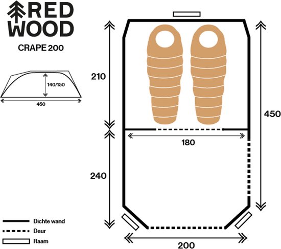 Redwood - Trekkerstent - Crape 200 Tc Tunneltent - Beige - B200 X L450 X H150 van Redwood — afbeelding 2