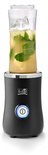 Zwarte Fritel blender met een beker gevuld met ijs, munt en limoen.
