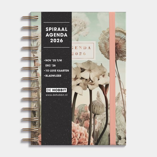 Hobbit - Spiraal Agenda 2026 - B6 (17,5 x 12,5 cm) - Ringband Agenda - 1 week op 2 pagina's - Harde Kaft - Veldbloemen