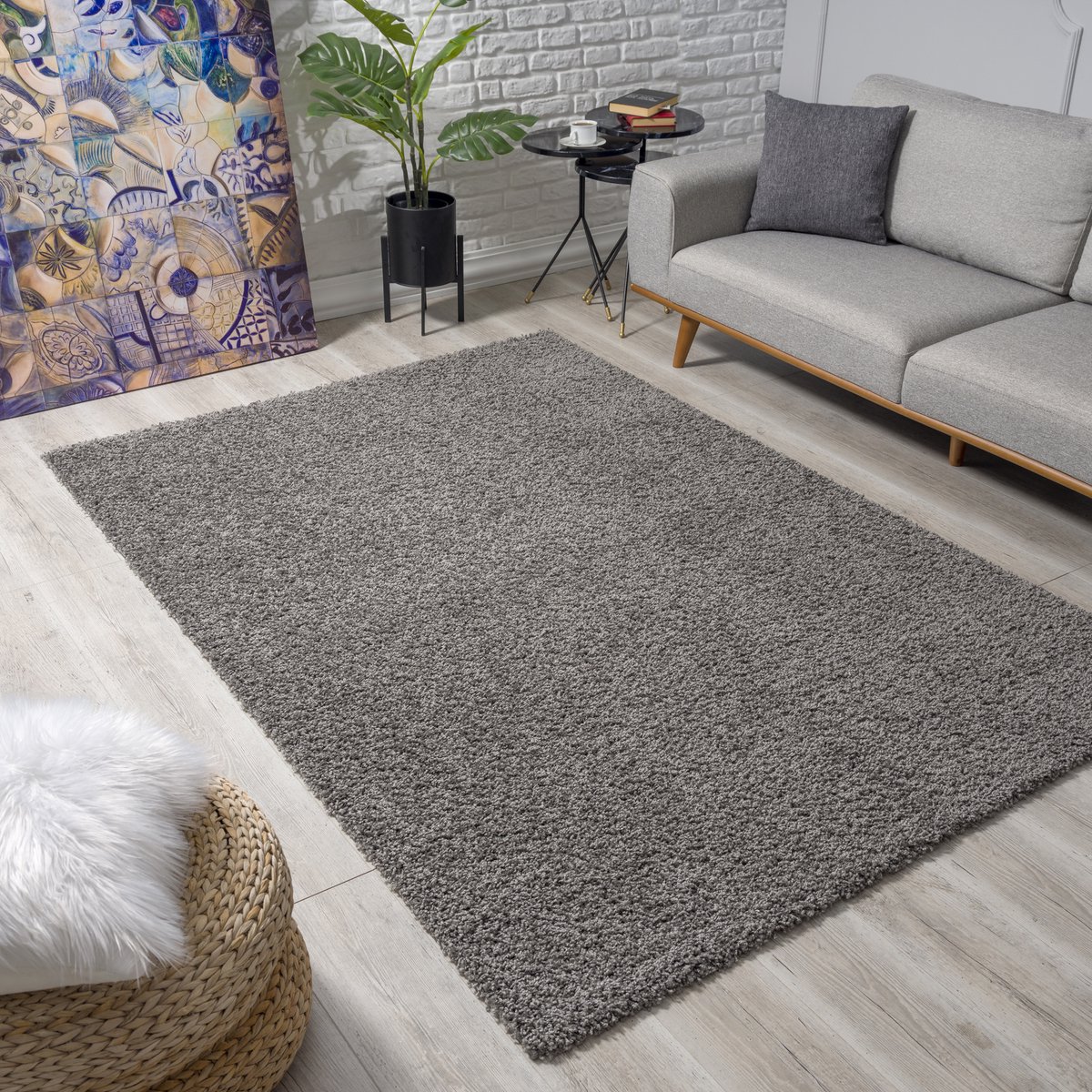 Muratap Loca Shaggy Vloerkleed – Modern Uni Effen – Grijs Hoogpolig & Zacht- 300x300 CM Vierkant