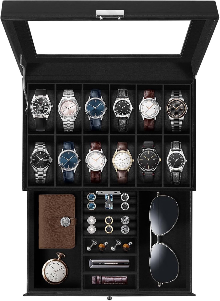 Uten Luxe Sieraden Brillen Doos - Zonnebrillen Opbergdoos - Horlogebox - Sieradendoos - 2 Brillen - 12 Horloges - Brillen-Ketting-Ring-Oorbellen- Horloge - Mannen Heren - Zwart