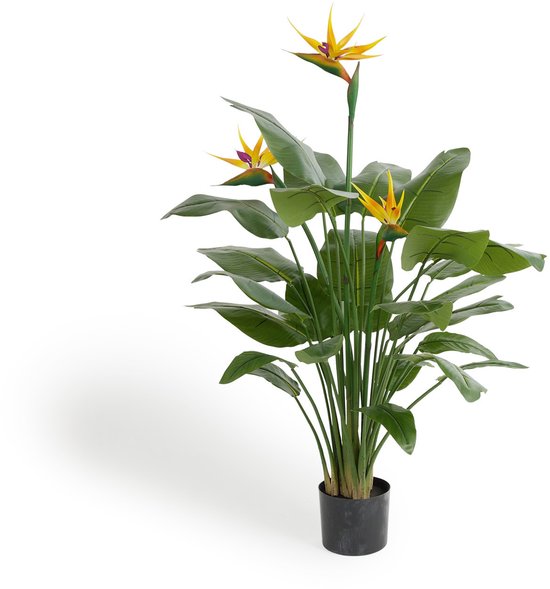 Kunstplant Strelitzia met twee oranje bloemen en grote groene bladeren, staand in een zwarte pot.