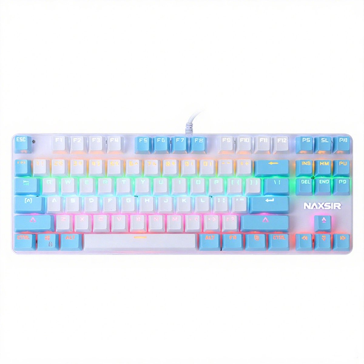 NAXSIR Mechanisch Gaming Toetsenbord - 87 Toetsen Compact - RGB Backlit - Dubbele Kleur Design - Compatibel met PC/Mac - Wit-blauw