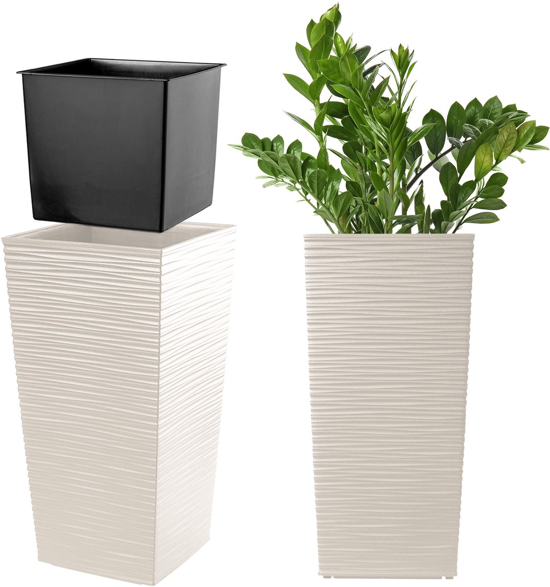 KADAX Bloempot, bloembak van kunststof, plantenbak voor bloemen, binnen en buiten, tuin, balkon, terras, huis, weerbestendig, rotan imitatie (46,5 cm hoog, crème)