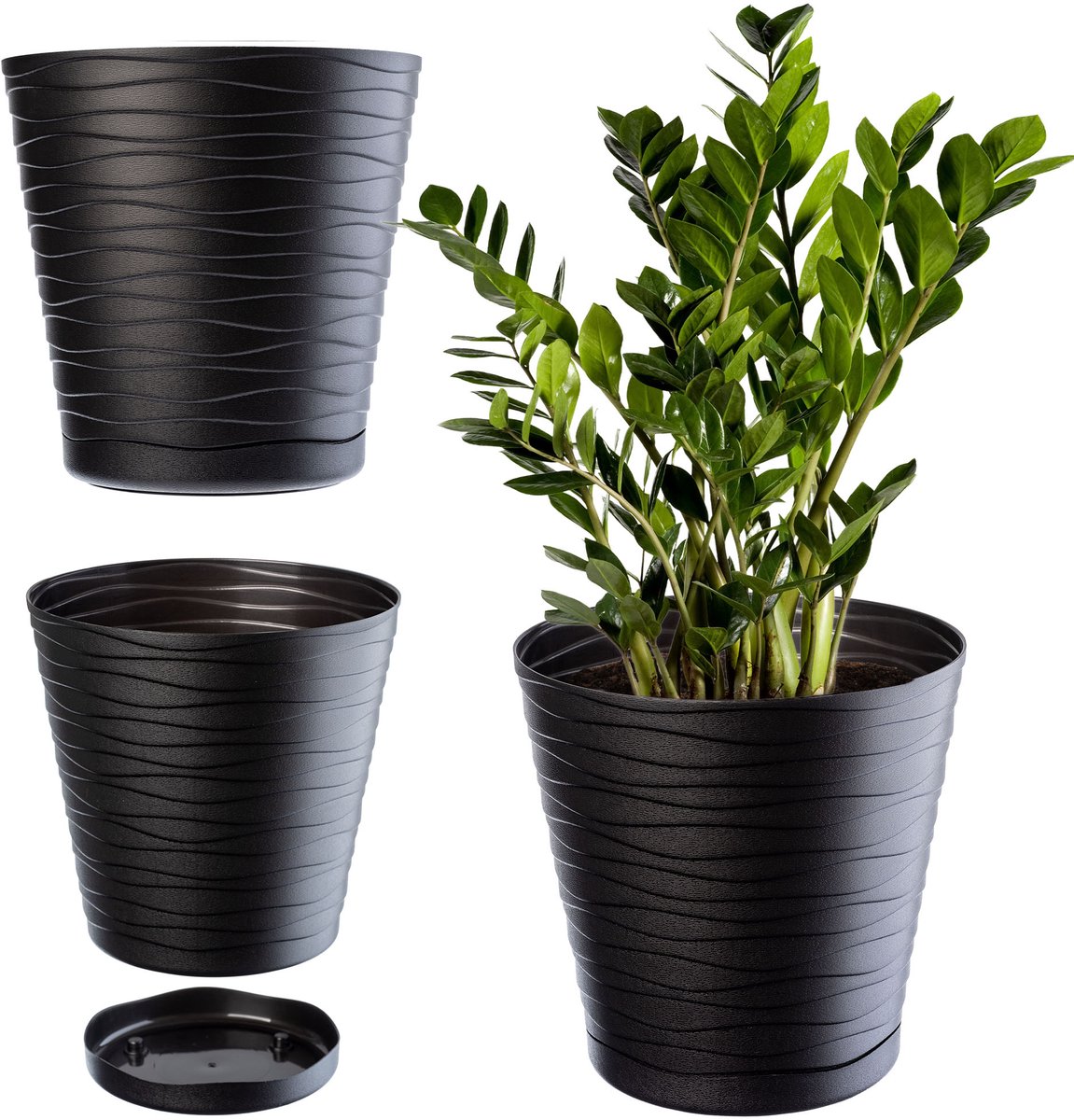 KADAX Bloempot met onderzetter, lichte ronde plantenbak voor binnen van kunststof, voor bloemen en planten (25 cm, antraciet)