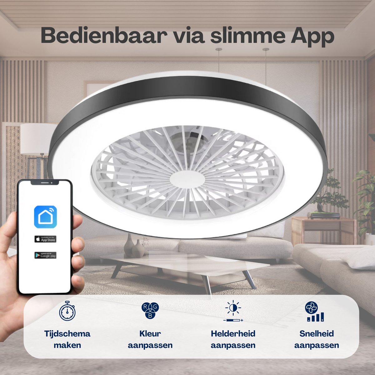 Slimme Plafondventilator met LED Verlichting - App & Afstandsbediening - Plafondlamp met Ventilator - Fluisterstil - Voor Slaapkamer & Woonkamer & Kinderkamer - Ø50 cm - Zwart thumbnail 8
