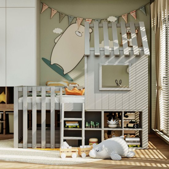 Lit cabane pour enfant 90x200, avec toit et fenêtre, avec espace de rangement ouvert, avec échelle d'escalade, lit superposé pour enfant en bois massif sans matelas, gris