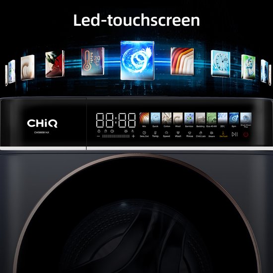 Gros plan du panneau de commande tactile LED d'un lave-linge gris.