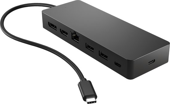 Zwarte multiport hub met twee HDMI, een Ethernet-poort en drie USB-poorten, verbonden via USB-C.