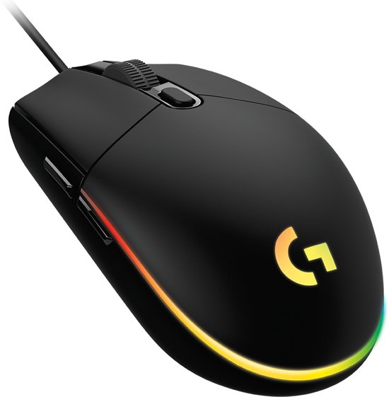 Zwarte Logitech G gamingmuis met gele 'G' logo en rainbow RGB-verlichting.