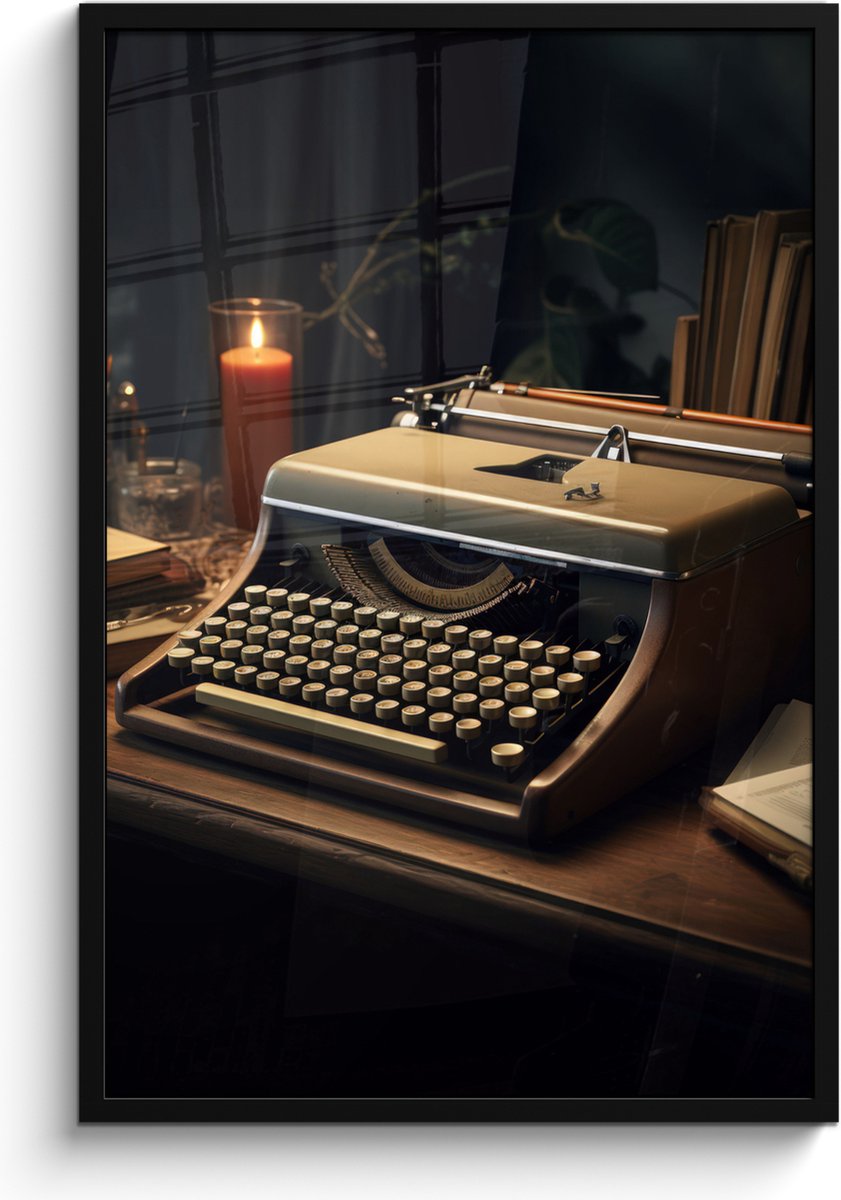 FrameYourWall Poster in lijst - Fotolijst 60x90 cm - Posters - Vintage - Typmachine - Kaars - Oud - Bureau - Posterlijst zwart - Decoratie - Wanddecoratie woonkamer - Muurdecoratie slaapkamer