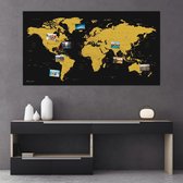 Bastix - XXL wereldkaart als prikbord - reisbestemmingen en vakantie pinnen - landkaart van fijn vlies in goud en zwart - 130 x 70 cm, incl. 20 vlaggetjes
