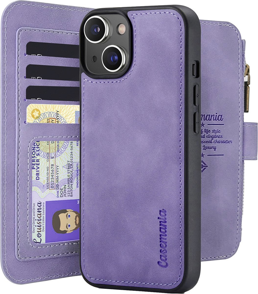 CaseMania Bookcase hoesje geschikt voor iPhone 11/XR - Effen Lila - Kunstleer - Portemonnee met 14 Vakjes voor Pasjes en Ritsvak