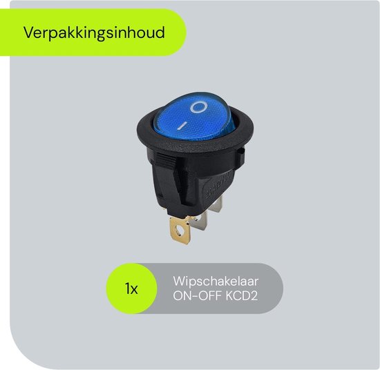 Een ronde, zwarte wipschakelaar met blauwe knop en de tekst '1x Wipschakelaar ON-OFF KCD2'.