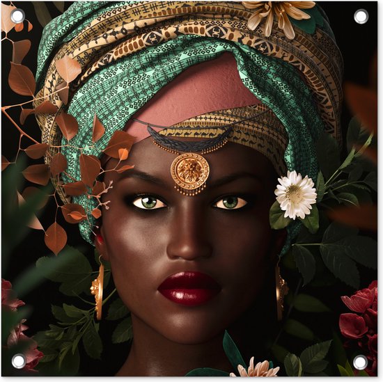 Posters de jardin Femme - Fleurs - Papillons - Plantes - Bijoux - Luxe - 50x50 cm - Toile jardin - Affiche extérieure