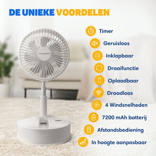 Unieke voordelen van de witte ventilator: Timer, geruisloos, inklapbaar, draaifunctie, oplaadbaar, draadloos, 4 snelheden, 7200 mAh batterij.