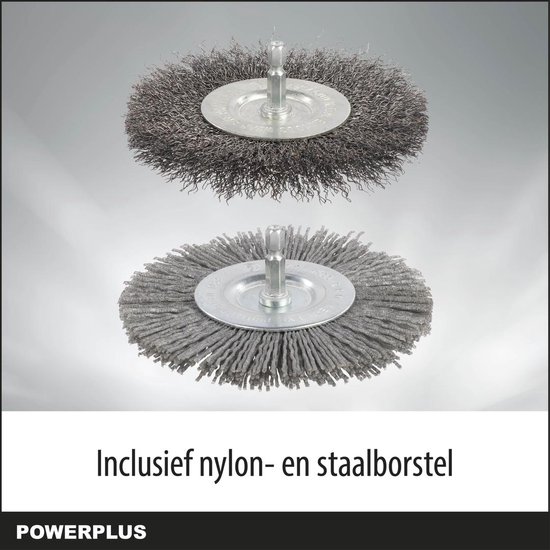 Twee ronde borstels: bovenste staal, onderste nylon, met metalen schijf en schacht.
