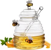 Glazen Honingpot met bijen - Honingpot met lepel en deksel - Honing dispenser - Honingpotje met dipper - Honing pot met lepel