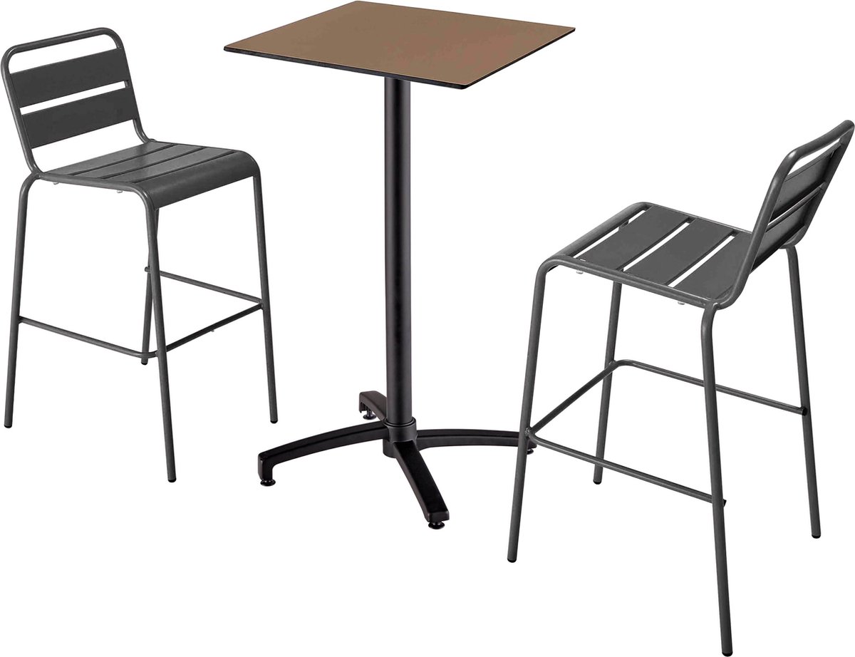 Oviala - Set hoge laminaat tafel in taupe en 2 hoge grijze stoelen.
