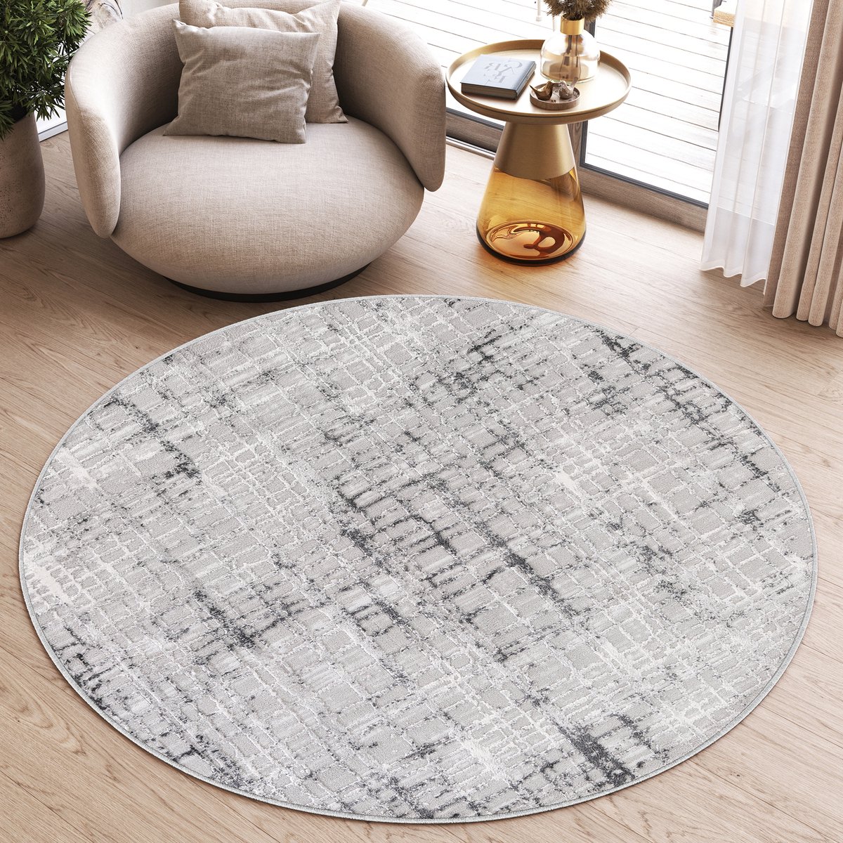 Tapiso Sky Rond Vloerkleed Hoogpolig Grijs Geruit Woonkamer Tapijt Maat- 240x240