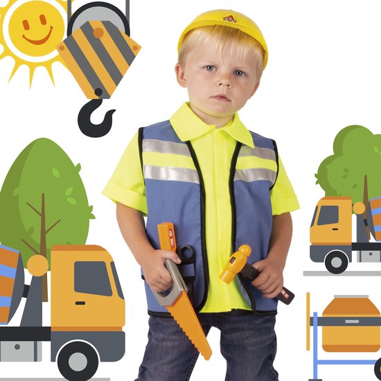 Jongen met gele helm, geel/blauw bouwvakkersvest en speelgoedgereedschap, met illustraties van bouwmachines en zon.