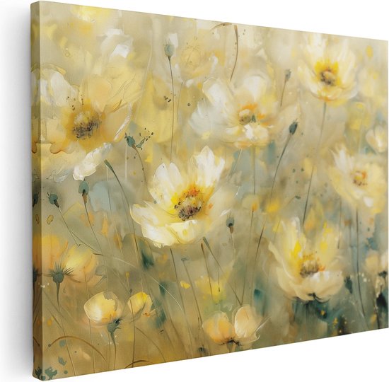 Artaza Canvas Schilderij Gele Bloemen in een Veld - 40x30 - Klein - Foto Op Canvas - Canvas Print