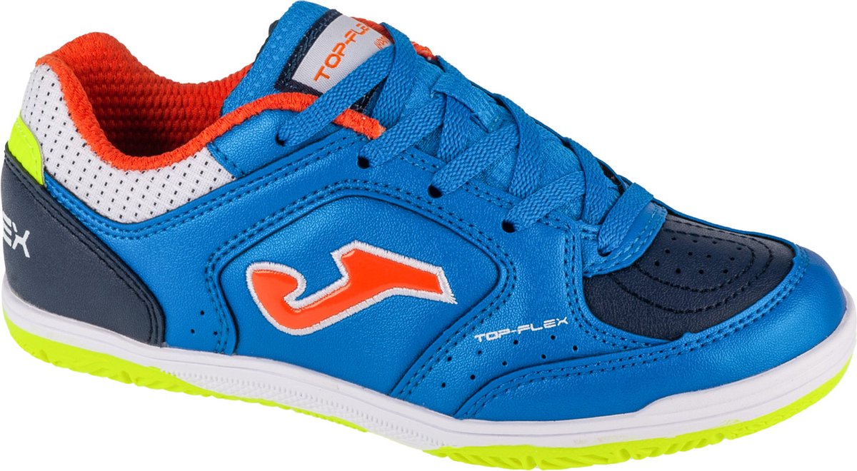 Blauwe Joma Top Flex Jr 2494 IN indoorschoenen voor jongens, maat 29, van synthetisch leder met oranje en groene accenten.