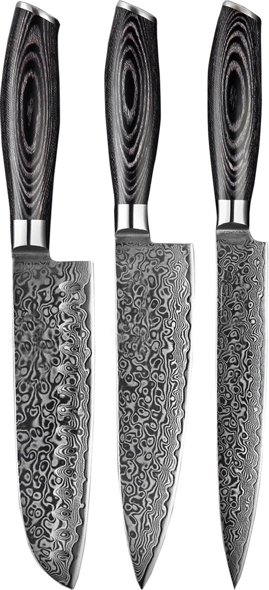 Shinrai Knives - Messenset - 3 delig - Koksmes - Japans Design - Mes - Damascus Pakka Wood - Met Luxe Geschenkdoos