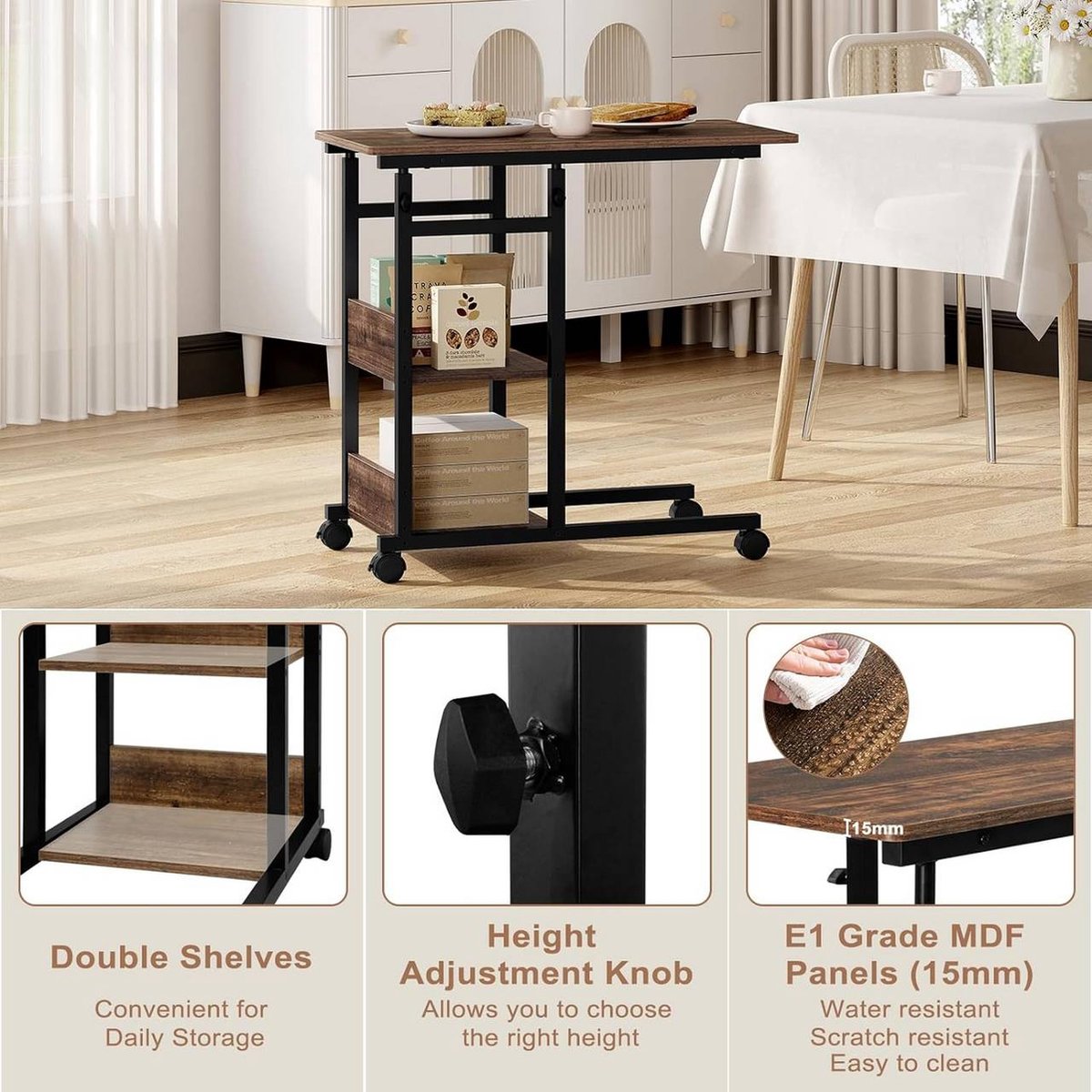 C-tafel met wielen, rembaar, nachtkastje, in hoogte verstelbaar 55-80 cm, C-vormige zwarte bijzettafel, laptoptafel, mobiel bureau, salontafel voor woonkamer, slaapkamer