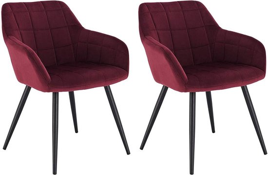 Rootz set van 2 eetkamerstoelen - fluwelen fauteuils - stoelen met metalen poten - uitzonderlijk comfort - duurzaam en stabiel - eenvoudige montage - bordeaux - 49 cm x 43 cm x 81 cm