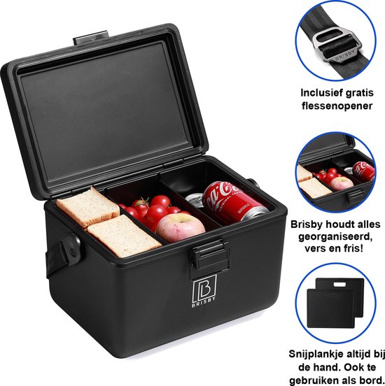 Brisby Glacière - Frigo box - Glacière - Voiture - Légère - Boîte à pain - 12L - 2 éléments de refroidissement gratuits de 450 ml chacun - Incl. Séparateurs Planches à découper - Ouvre-bière - Ouvre-bouteille - Max. Isolation 40 heures - Zwart