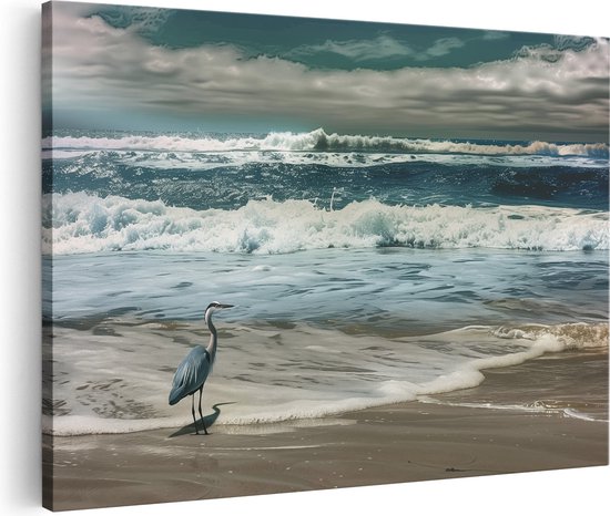 Artaza Canvas Schilderij Reiger Staat aan de Oever van de Oceaan - 90x60 - Wanddecoratie - Foto Op Canvas - Canvas Print