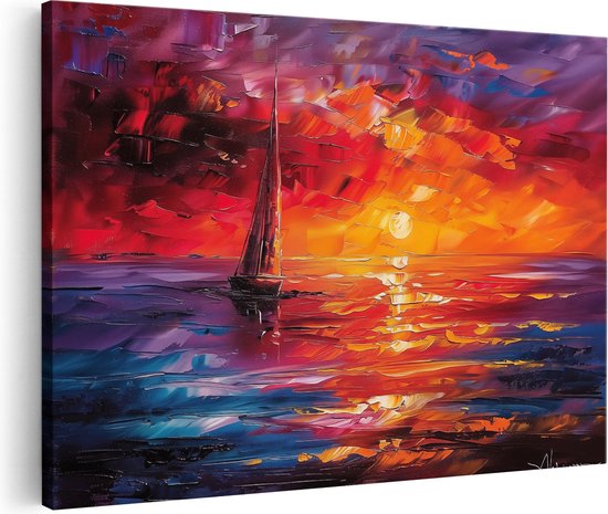 Artaza Canvas Schilderij Zeilboot in het Water bij Zonsondergang - 90x60 - Wanddecoratie - Foto Op Canvas - Canvas Print