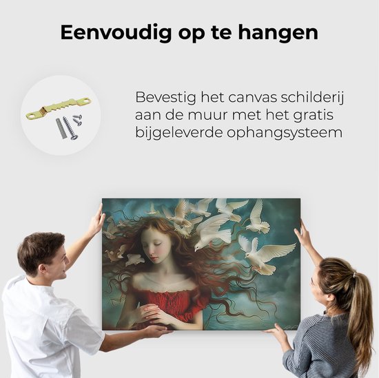 Artaza Peinture sur toile Fille avec une robe rouge et des colombes Witte - 120 x 80 - Groot - Photo sur toile - Impression sur toile