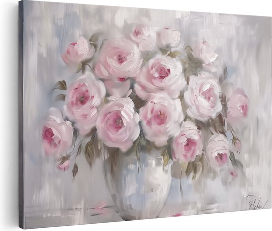 Artaza Canvas Schilderij Roze Rozen in een Vaas - Foto Op Canvas - Canvas Print