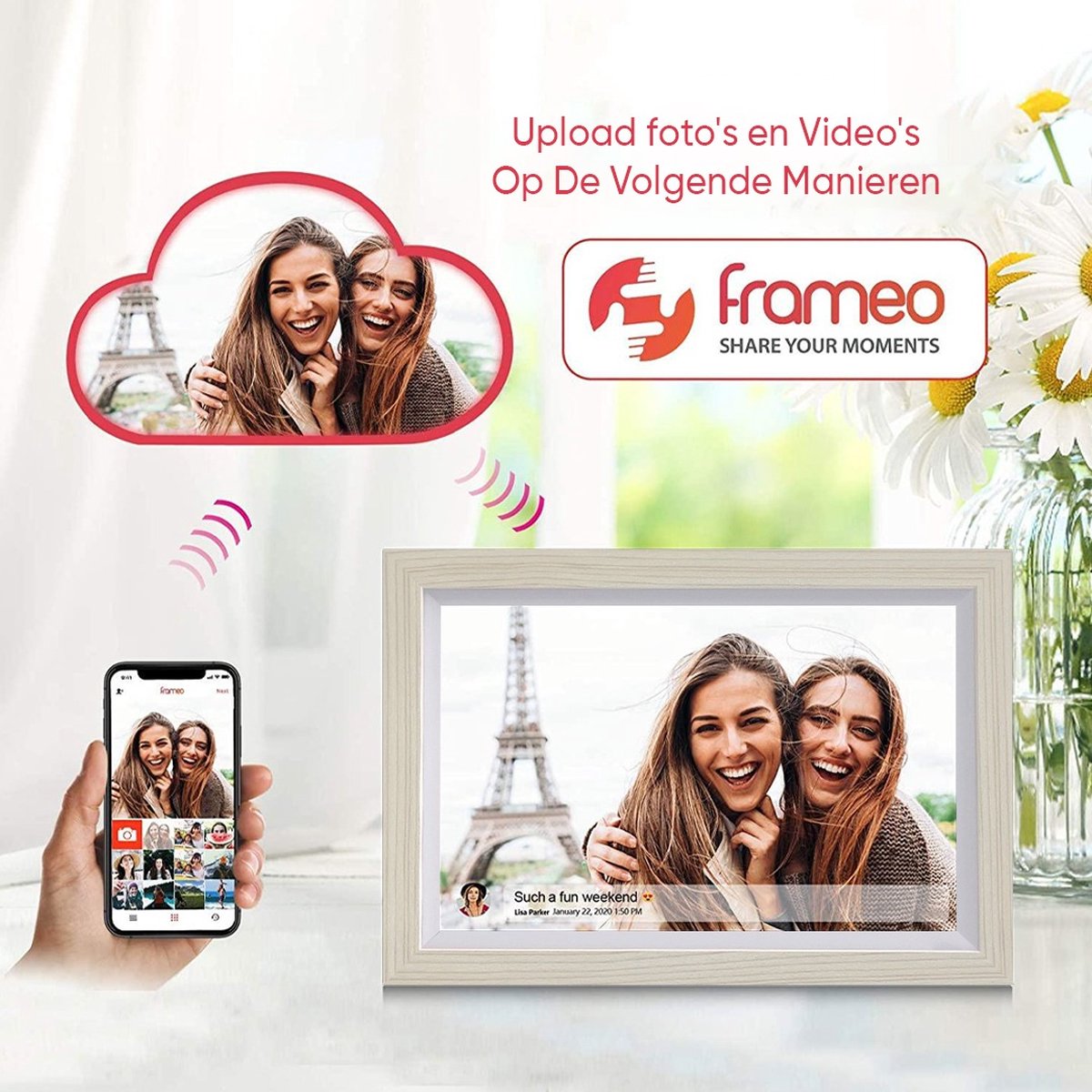 Digitale fotolijst met WiFi en Frameo App - 10.1 inch HD+ IPS Display - Fotokader met Touchscreen - 32GB - Gebroken Wit - Frameo digitale fotolijst - digitale fotokader - digitaal fotolijstje thumbnail 2