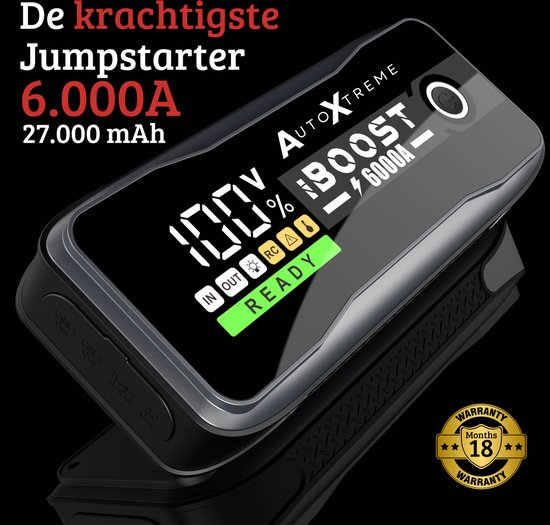 AutoXtreme Jumpstarter 6.000A - 12V/27.000 mAh - Slimme kables - Noodhulp - Powerbank