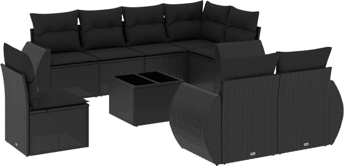 vidaXL 9-delige - Loungeset - met - kussens - poly - rattan - zwart
